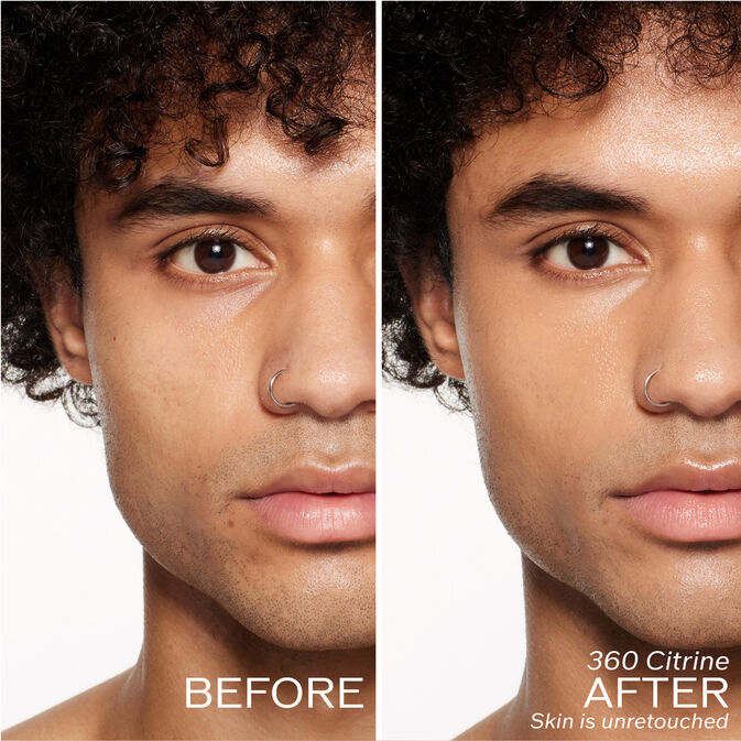 Two photos of a model. The first is a before shot, and the second is after using 360 Citrine. Skin is unretouched.