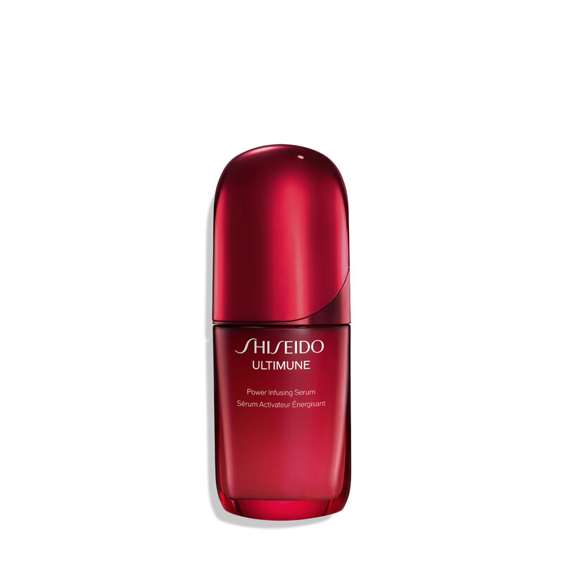 Shiseido Ultimune Power Infusing Serum en envase rojo brillante con dosificador.