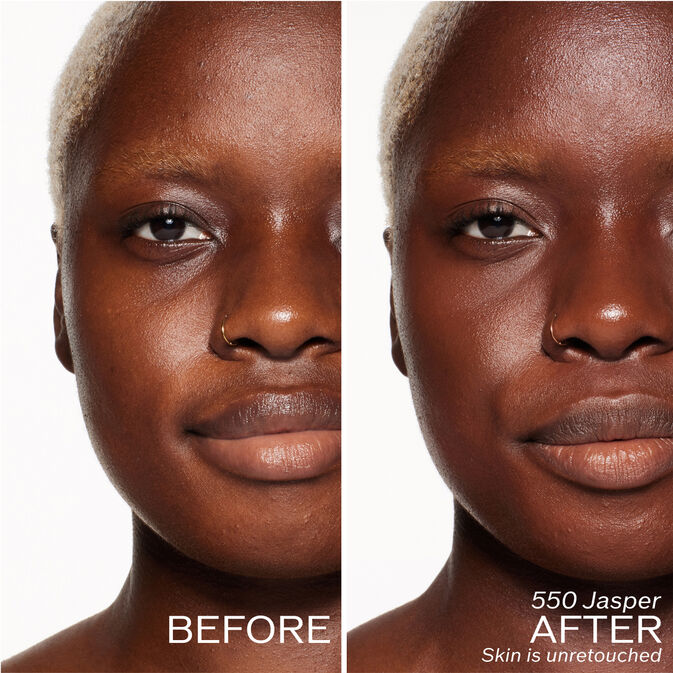 Two photos of a model. The first is a before shot, and the second is after using 550 Jasper. Skin is unretouched.