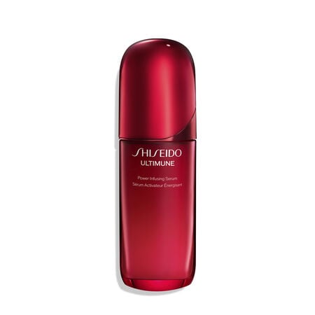 Shiseido Ultimune Power Infusing Serum en envase rojo brillante con dosificador.