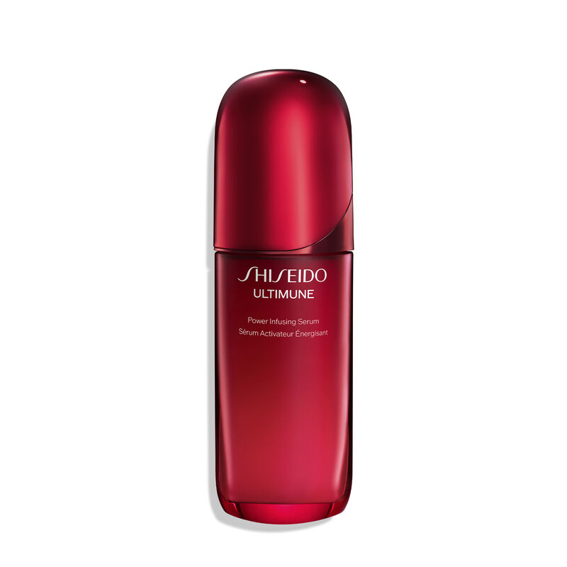 Shiseido Ultimune Power Infusing Serum en envase rojo brillante con dosificador.