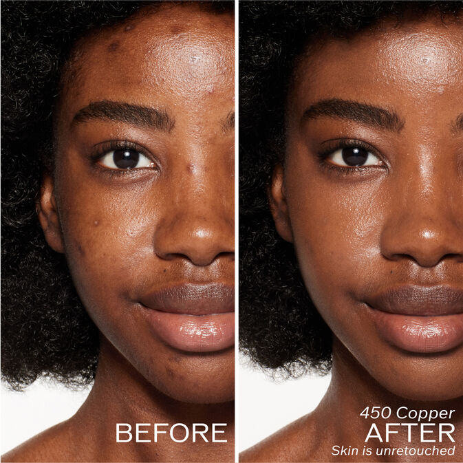 Two photos of a model. The first is a before shot, and the second is after using 450 Copper. Skin is unretouched.