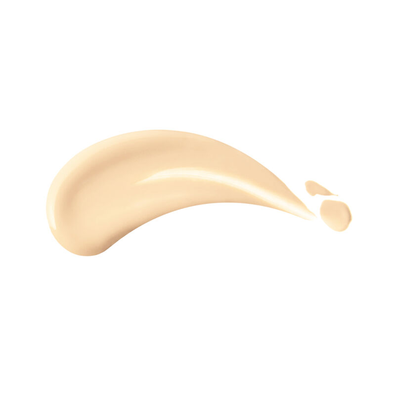 "A swatch of the Shiseido Revitalessence Skin Glow Foundation SPF 30 in shade 120 Ivory &ndash; a golden tone for fair skin &ndash; against a white background, showing the product&rsquo;s serum-like texture that weightlessly glides into skin for a glowing makeup finish. "
