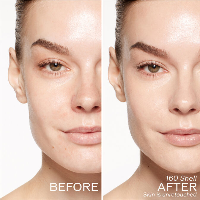 Two photos of a model. The first is a before shot, and the second is after using 160 Shell. Skin is unretouched.