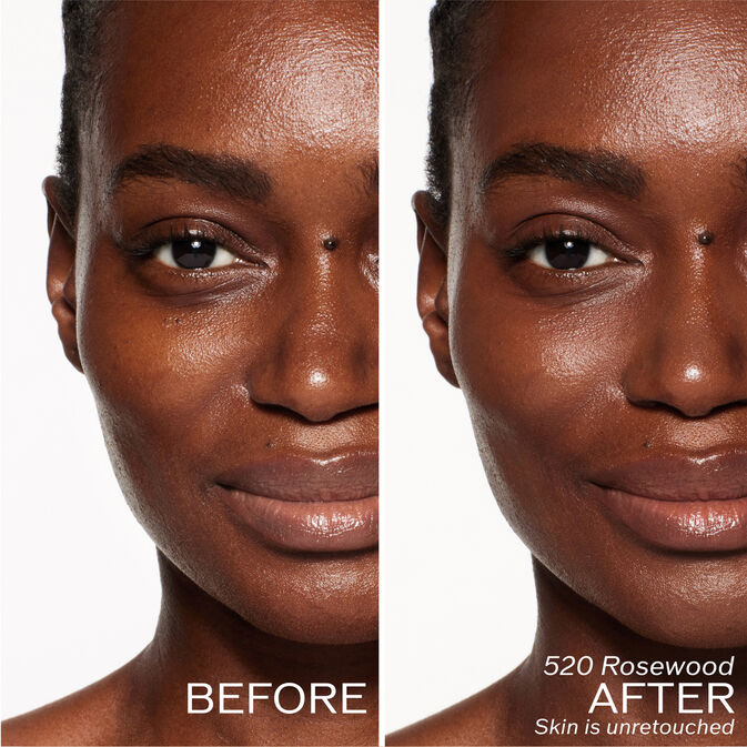 Two photos of a model. The first is a before shot, and the second is after using 520 Rosewood. Skin is unretouched.