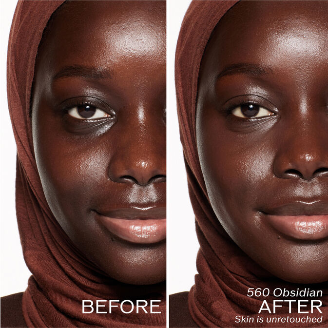 Two photos of a model. The first is a before shot, and the second is after using 560 Obsidian. Skin is unretouched.