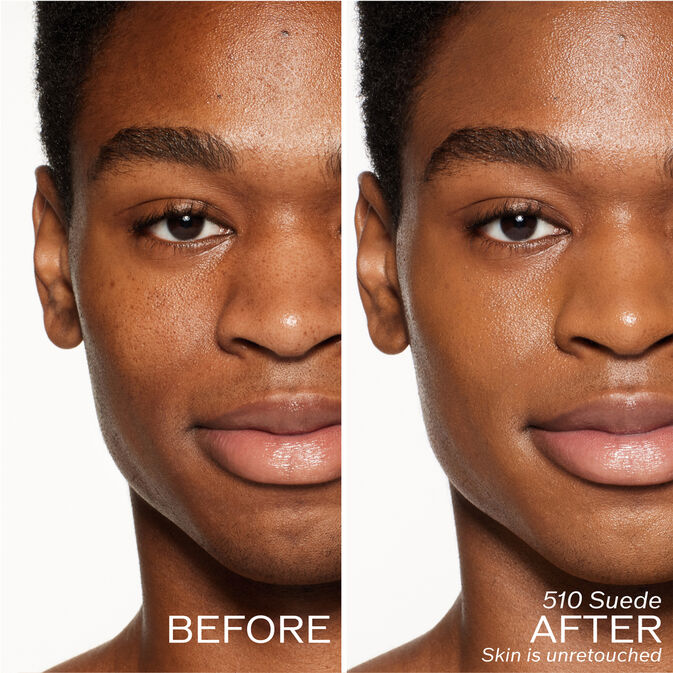 Two photos of a model. The first is a before shot, and the second is after using 510 Suede. Skin is unretouched.