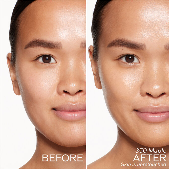 Two photos of a model. The first is a before shot, and the second is after using 350 Maple. Skin is unretouched.