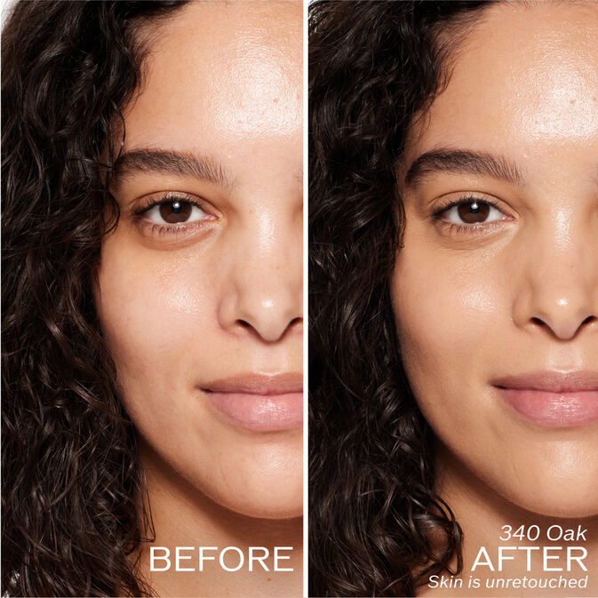 Two photos of a model. The first is a before shot, and the second is after using 340 Oak. Skin is unretouched.