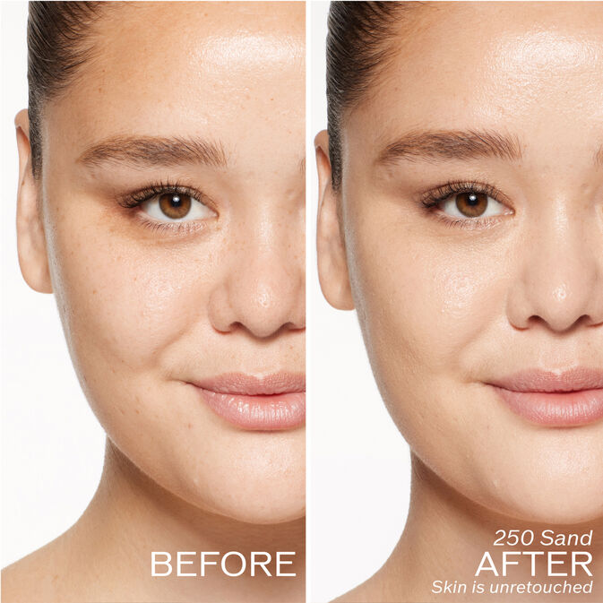 Two photos of a model. The first is a before shot, and the second is after using 250 Sand. Skin is unretouched.