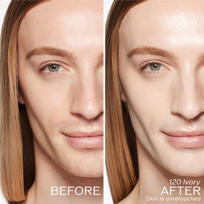 Two photos of a model. The first is a before shot, and the second is after using 120 Ivory. Skin is unretouched.