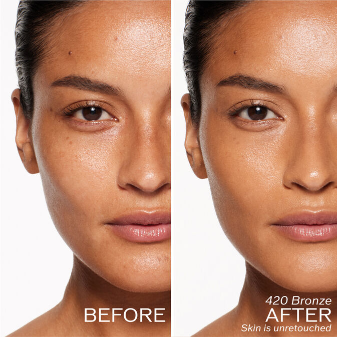 Two photos of a model. The first is a before shot, and the second is after using 420 Bronze. Skin is unretouched.