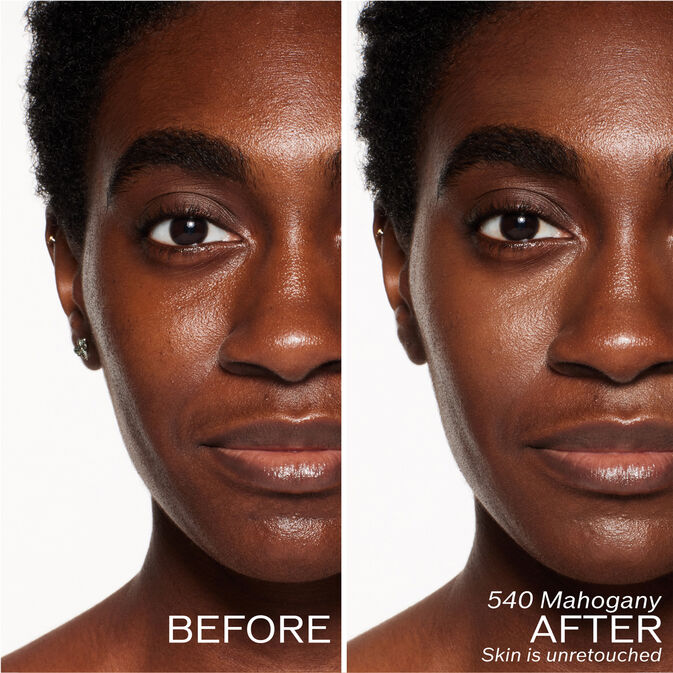Two photos of a model. The first is a before shot, and the second is after using 540 Mahogany. Skin is unretouched.