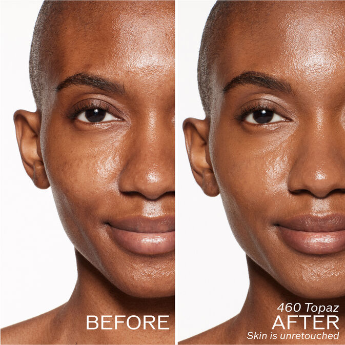 Two photos of a model. The first is a before shot, and the second is after using 460 Topaz. Skin is unretouched.